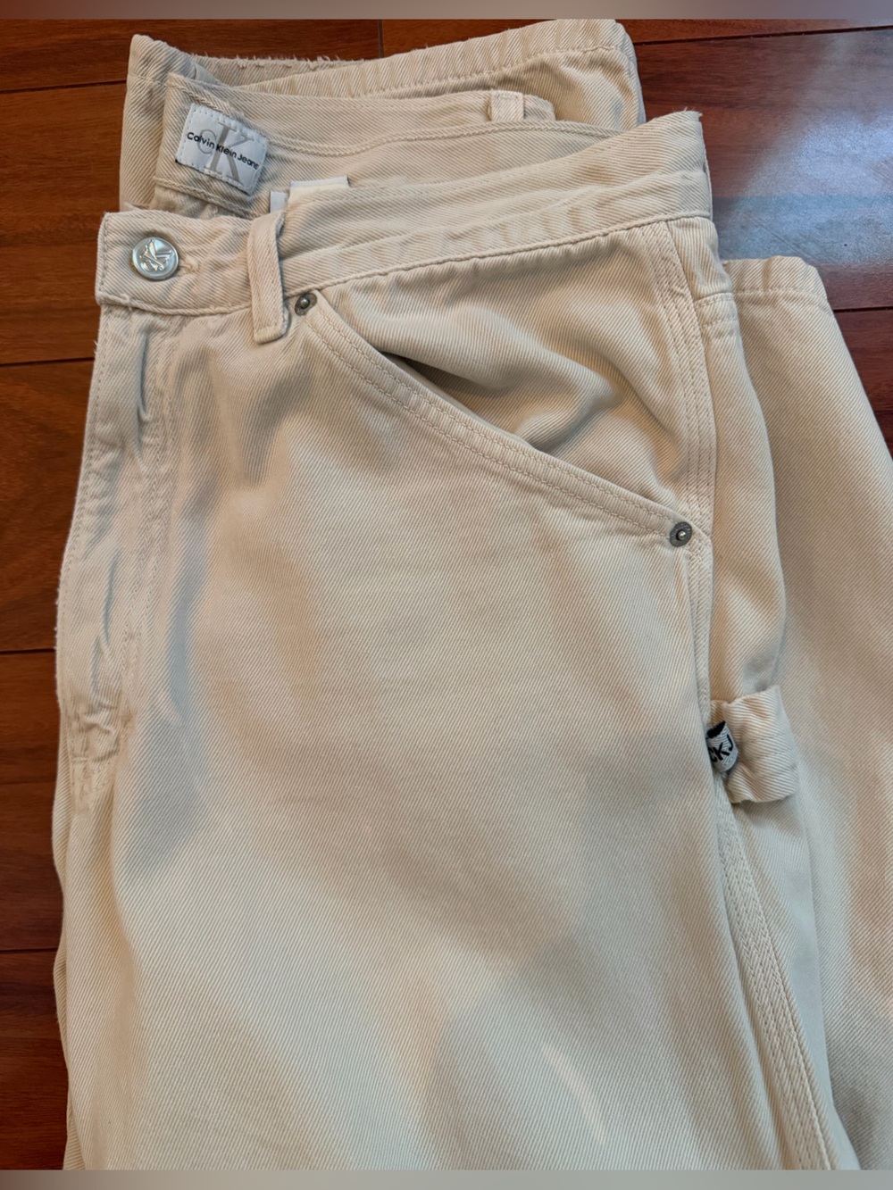 VTG Calvin Klein Workwear Carpenter Pants 32x30 Beige Cream Garment Dyed 1990s
